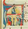 MANUSCRIPT LEAF SAINT PREACHING. Vellum leaf from a Latin antiphonary with illuminated initial A. Italy, 14th century